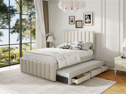 Upholstered Platform Bed With Twin Size Trundle And 3 Drawers