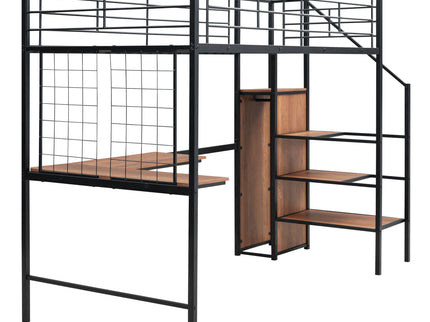 Loft Bed With Desk And Grid, Stylish Frame With Lateral Storage Ladder And Wardrobe