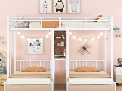Triple Bunk Bed With Drawers, Multi-Functional Frame With Desks And Shelves In The Middle