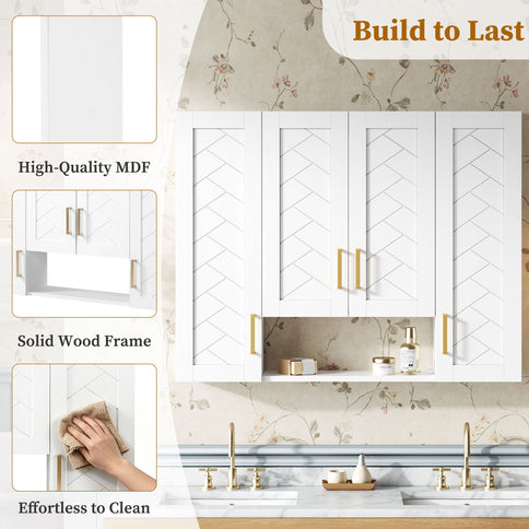 Wall Mounted Medicine Cabinet With 5 Adjustable Shelves, Exquisite Carving - White