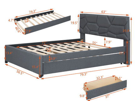 Upholstered Platform Bed With Brick Pattern Headboard And Twin Long Size Trundle