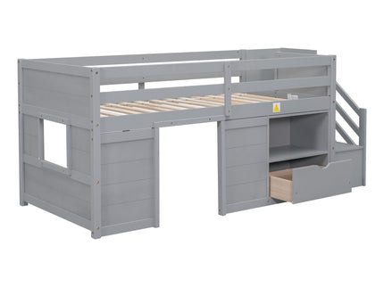 Low Loft Bed With Stair, Drawer, And Shelf