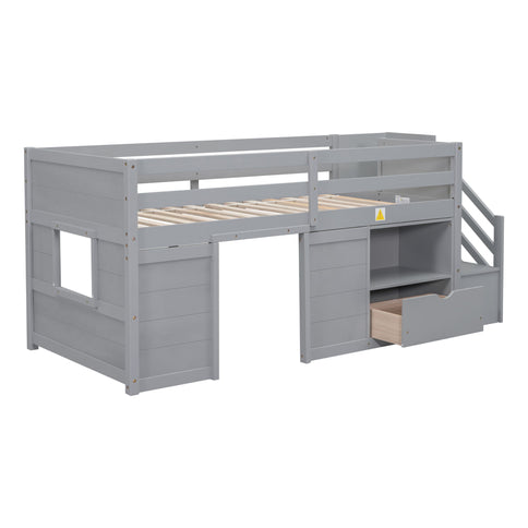 Low Loft Bed With Stair, Drawer, And Shelf