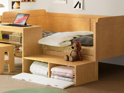 Daybed With Storage Shelves And Lockers, Multi Functional Bed With Study Desk And Matching Stool
