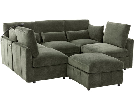 Modern Modular U-Shaped Sofa Bed With Movable Ottoman, USB Ports, Phone Holder