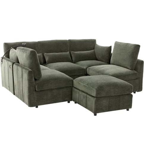 Modern Modular U-Shaped Sofa Bed With Movable Ottoman, USB Ports, Phone Holder
