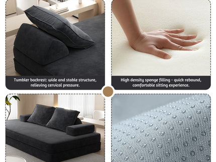 Multifunctional Convertible Sofa Bed With 2 Tumbler Backrests And 2 Pillows, Deep Seat Couch