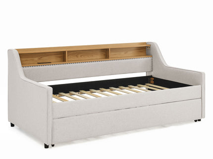Upholstered Sofa Bed With LED Lights, Storage Headboard, Foldable Trundle & Wireless Charging