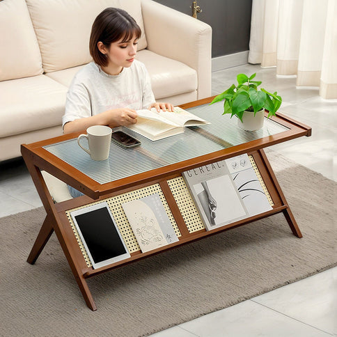 Rattan Coffee Tables For Living Room, Mid Century Modern Coffee Table With Glass Top, Large Boho Center Table With Storage - Brown