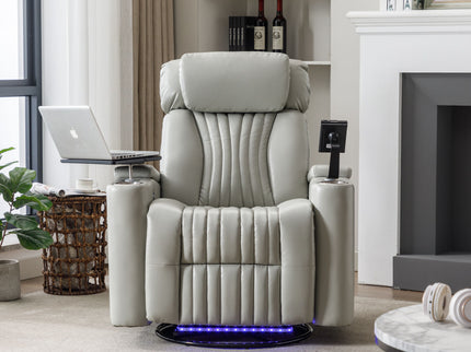 270° Power Swivel Recliner Home Theater Chair With Hidden Arm Storage, LED Light, Cup Holder, And Tray Table