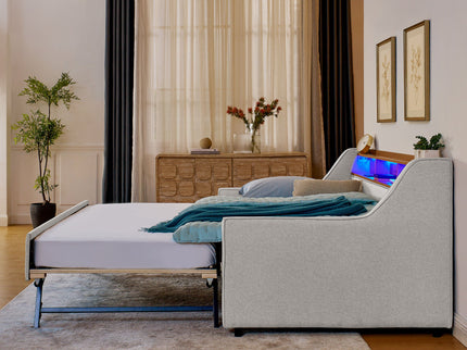Upholstered Sofa Bed With LED Lights, Storage Headboard, Foldable Trundle & Wireless Charging