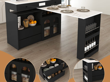 Retro Kitchen Island Set With Chairs, Extendable & Rotating Table, 4 Drawers & Door Cabinets