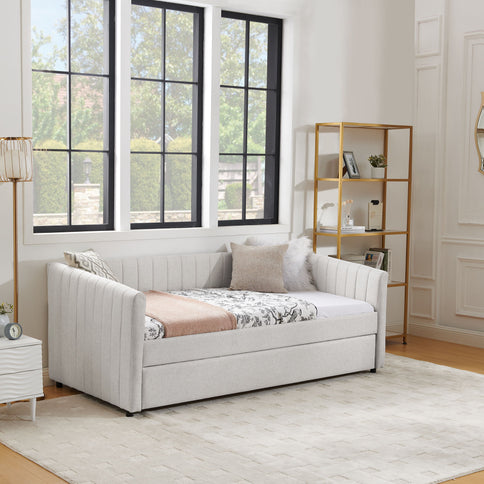 Upholstered Daybed With Trundle With Vertical Stripes