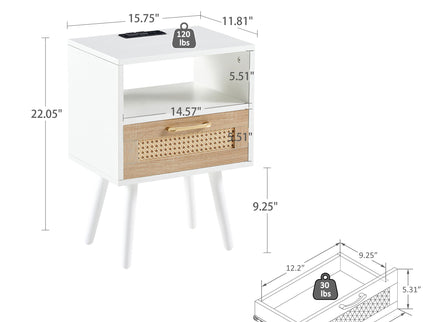 15.75" Rattan End Table With Power Outlet & USB Ports, Modern Nightstand With Drawer And Solid Wood Legs, Side Table For Living Room, Bedroom