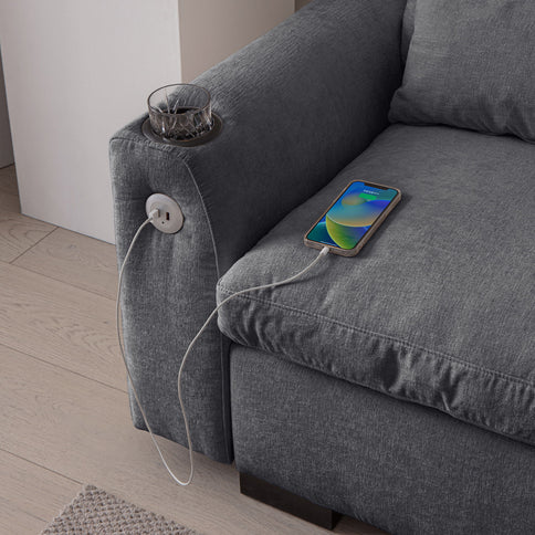 Modern Modular L Shaped Sofa Couch Reversible Ottoman With Storage Removable And Washable Cushions Sofa With USB Ports & Cup Holder For Living Room