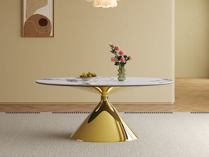 Modern Luxury Marble Dining Table Set Oval Kitchen Table With Stainless Steel Base - Gold / White Print