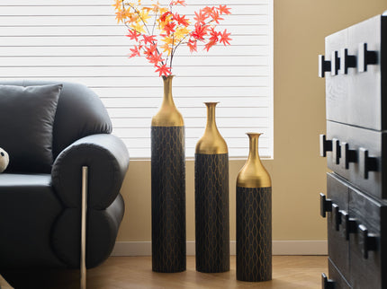 Elegant Floor Vase Set Metal Decorative Vases 3 Piece Set For Floral Display, Wedding & Gift Decor - Gold / Black