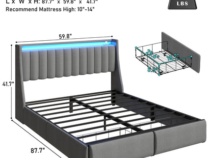 Upholstered Platform Bed Frame With RGB LED Lights, Charging Station & 2 Underbed Drawers