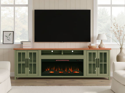 97" Fireplace TV Stand Console For TVs Up To 100" - Sage Green And Fruitwood Finish