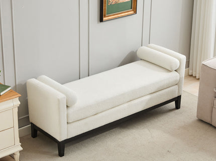 Elegant Upholstered Bench, Daybed, Ottoman With Wood Legs & Bolster Pillows - Ivory Boucle