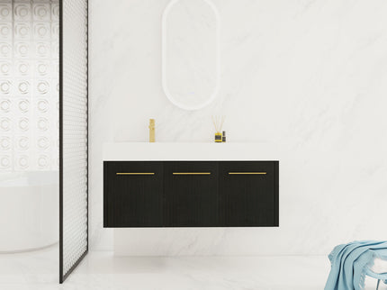 Contemporary 48" Wall Mounted Bathroom Vanity With Resin Sink And Soft Closing Doors And Line - Black Chestnut
