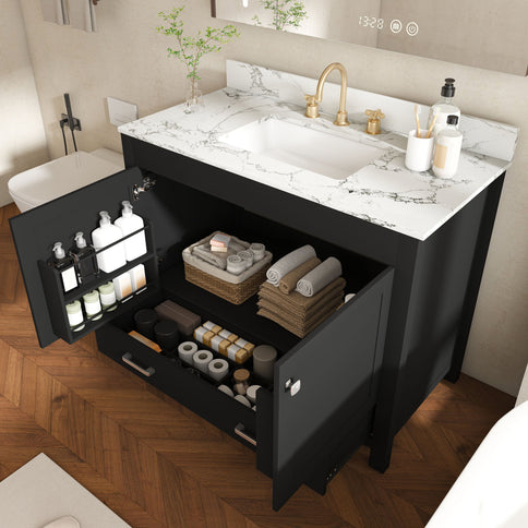 Bathroom Vanity Set, Soft Close Doors, 3 Faucet Holes, Sink Included - Black