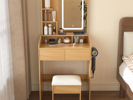 Vanity Table With LED Mirror, Power Outlet, Hairdryer Holder & Padded Stool, Compact Dressing Desk For Small Bedrooms - Wood