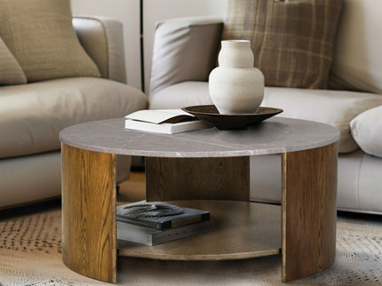 Keegan - Round Coffee Table With Shelf - Oak