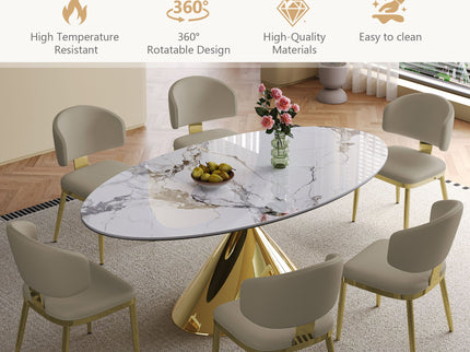 Modern Luxury Marble Dining Table Set Oval Kitchen Table With Stainless Steel Base - Gold / White Print