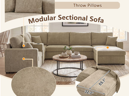 Modular 5 Seat U-Shape Sectional Sofa With Chaise Lounge, Built In Cup Holders And Storage Drawer