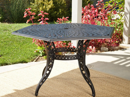 Outdoor Cast Aluminum Dining Table With Lattice Top And Umbrella Hole - Black