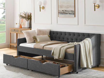 Upholstered Tufted Daybed With 2 Drawers, Waved Arms