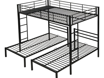 Modern Metal Triple Bunk Bed With Vertical Ladder, Safety Rail, And Storage Shelf - Black