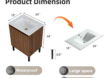 Bathroom Vanity With Ceramic Sink, Floor-Standing Design, Soft-Closing Drawers