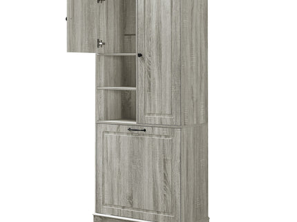 Modern Tall Storage Cabinet With Adjustable Shelves, Flip-Out Basket & Enclosed Doors