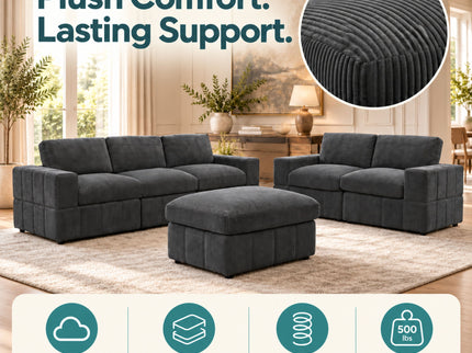 Oversized Modular Sectional Sofa Set With Loveseat & Ottoman, 6 Piece Living Room Furniture - Dark Gray