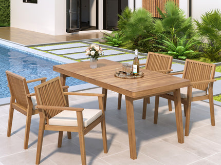 5 Piece Patio Furniture Set Acacia Wood Table And 4 Heavy Duty Cushioned Chairs
