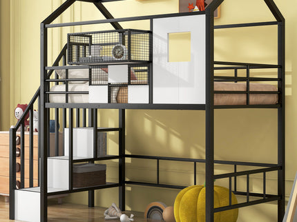 Metal Loft Bed With Roof Design And Storage Box With Guardrails And Integrated Ladder