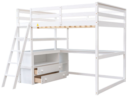 Modern Loft Bed With Built In Desk, Shelves, And 2 Drawers