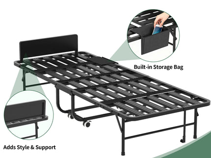 Twin Folding Bed With Adjustable Headboard & Memory Foam, Space Saving Rollaway Guest For Tall People, Portable On Wheels, Easy Assembly - Black