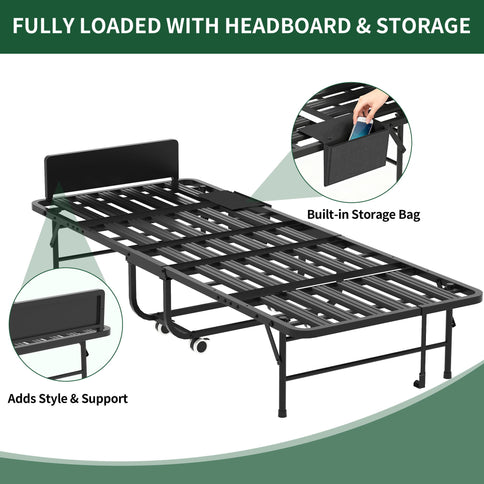 Twin Folding Bed With Adjustable Headboard & Memory Foam, Space Saving Rollaway Guest For Tall People, Portable On Wheels, Easy Assembly - Black