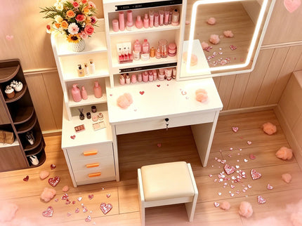 Vanity Set With LED Mirror, Storage Dressing Table & Cushioned Stool - Cream White