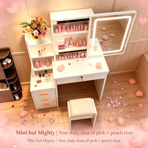 Vanity Set With LED Mirror, Storage Dressing Table & Cushioned Stool - Cream White