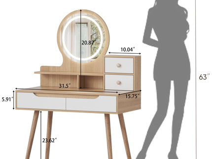 Elegant Makeup Vanity Desk With Adjustable Lighted Mirror Table Feet - American White Oak