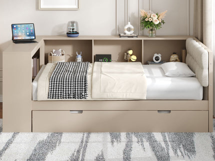Upholstered Headboard Platform Bed With Storage Shelves, Trundle, Charging Station