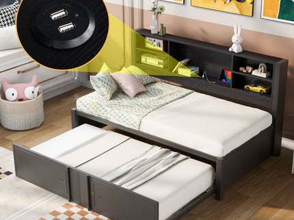 Industrial Metal Daybed With Trundle, Storage Shelves, USB Ports