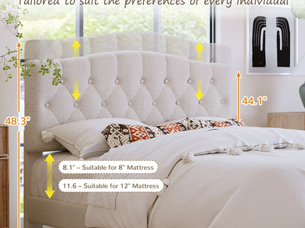 King Upholstered Platform Bed With Curved Adjustable Headboard And Diamond Tufted Details, No Box Spring Needed - Beige
