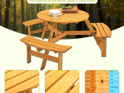 6 Person Circular Outdoor Wooden Picnic Table For Patio, Backyard, Garden, Diy With 3 Built-In Benches, 1720Lb Capacity