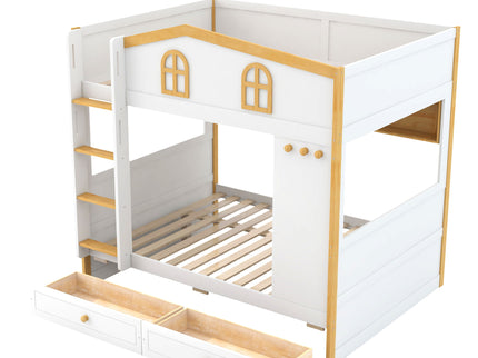 Bunk Bed With House Shaped Guardrails, Storage Shelves, And Trundle