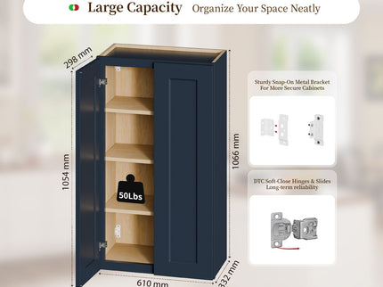 Shaker Wall Cabinet With Soft Close Hinges, Adjustable Shelves, Double Door